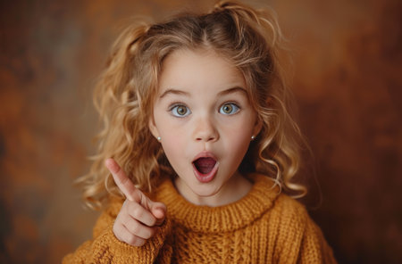young girl pointing her finger at the camera and pointing at a surprise.の素材