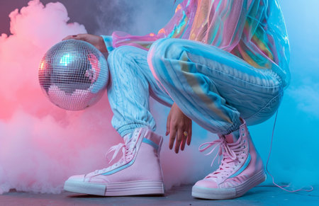 someone is holding a disco ball while wearing sneakers and headphones.の素材