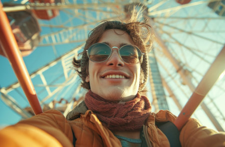 happy guy taking selfie at ferris wheel during a day at.の素材