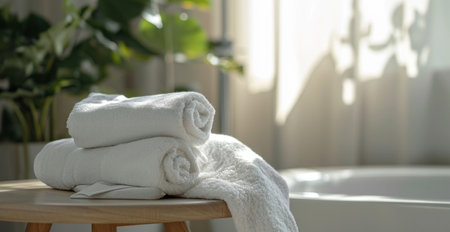 white towels are placed on a table in a bathroomの素材