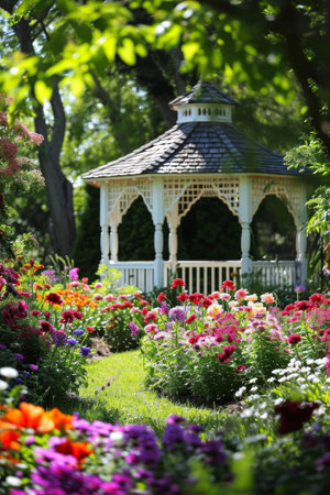 An idyllic garden setting with blooming flowers, providing a picturesque canvas for advertising elegance.の素材