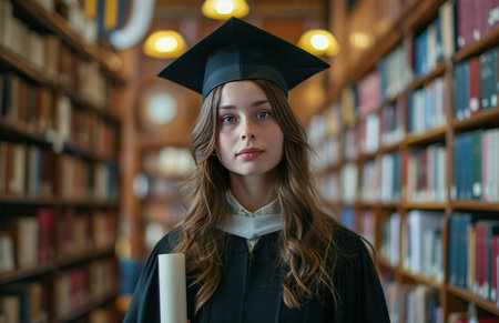 young female student wearing black cap and gown holding diploma.の素材