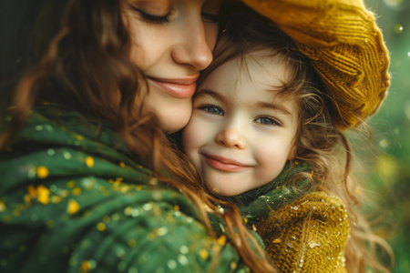 a woman and child hugging and smiling for St Patrick's day.の素材