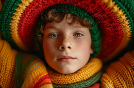 a child wearing green and red hat boy.の素材