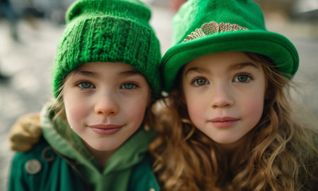 kids in green costumes posing for a photo on st patricks holiday.の素材