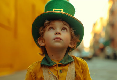a little boy stands on a yellow background wearing a leprechaun hat leprechaun.の素材