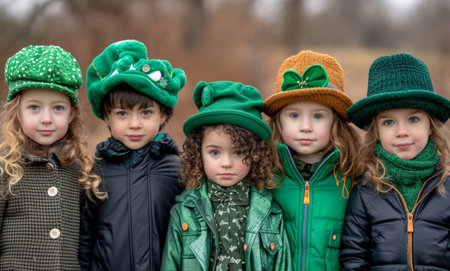 kids in green costumes posing for a photo on st patricks holiday.の素材