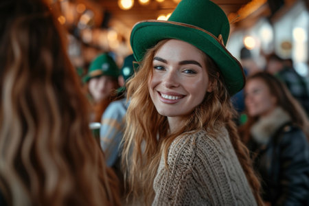group of women smiling in st patrick's hats sitting at a bar.の素材