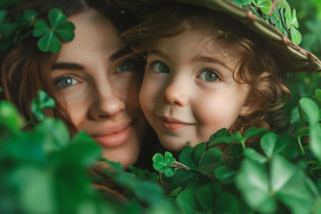woman with little child in shamrock leprechaun hat smiling, surrounded by green leaves.の素材