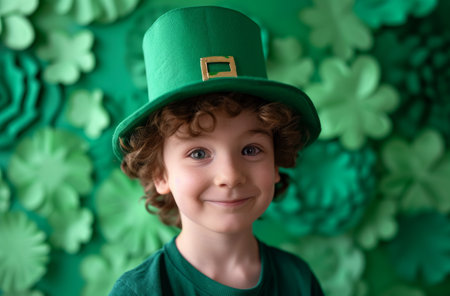 little boy in green leprechaun hat smiling leprechaun.の素材