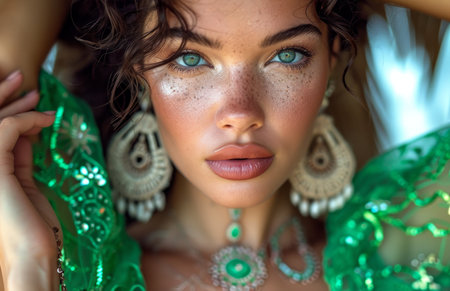 opulent model model in green gown.の素材