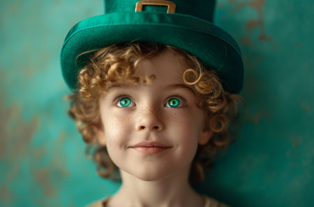 little boy in green leprechaun hat smiling leprechaun.の素材