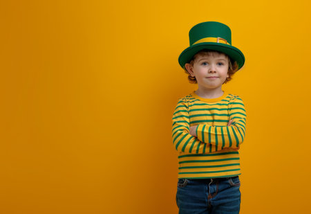 a little boy stands on a yellow background wearing a leprechaun hat leprechaun.の素材