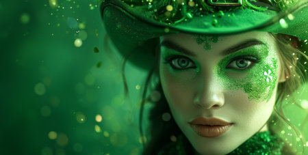 the woman is dressed in green with a shamrock in her face.の素材
