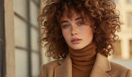 a woman in a tan turtleneck and jacket.の素材