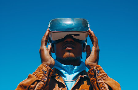 a man holding vr game controller.の素材