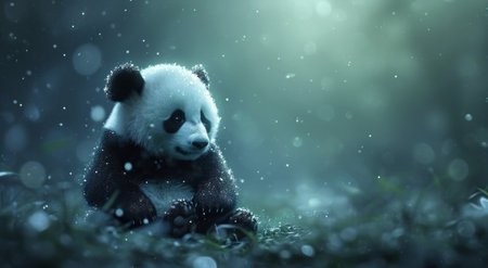 a black and white stuffed panda sitting next to a shiny bokeh background.の素材