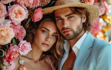 beautiful couple in a fashionable pose outdoors in the summer.の素材
