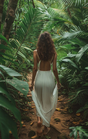 beautiful woman walking around in the tropical jungle while wearing white dress.の素材