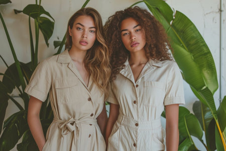 two women posing in front of a plant with some shoes and jumpsuits.の素材
