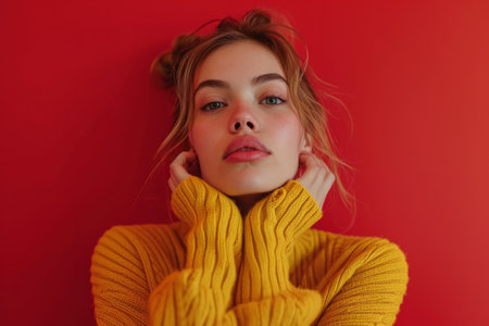 woman with hand resting in both hands on red background wome.の素材
