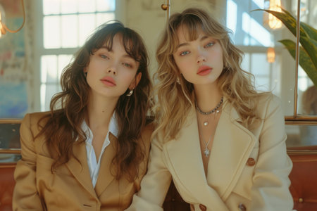 two women pose for gucci spring collection.の素材