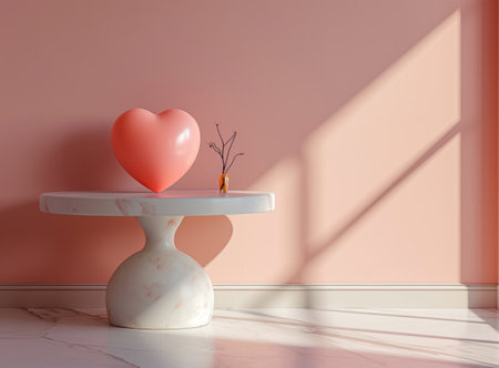 an empty table next to a pink heart shaped display.の素材