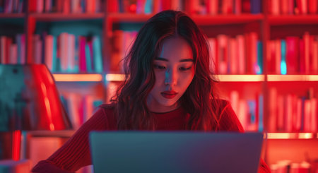 Portrait of young woman using laptop while sitting in library at nightの素材