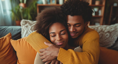 couple hugging on couch.の素材