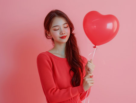 girl with balloon Valentine's day party on a pink background.の素材