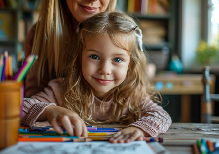 a young girl takes crayons from a box to do arts and crafts with her mother.の素材