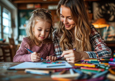 a young girl takes crayons from a box to do arts and crafts with her mother.の素材