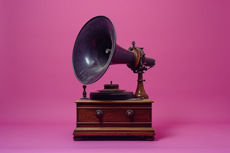an antique gramophone sitting on a wooden stand in a purple room.の素材