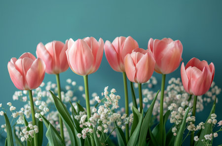 an arrangement of pink tulips and white flowers against blue background.の素材