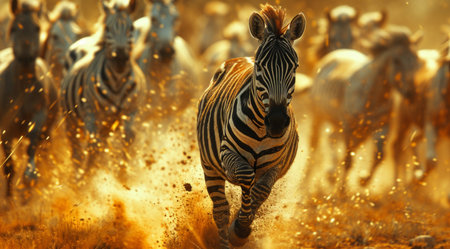 a zebra runs down a plain following a herd of horses.の素材