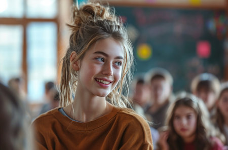 a young woman is talking to many people in a classroom.の素材