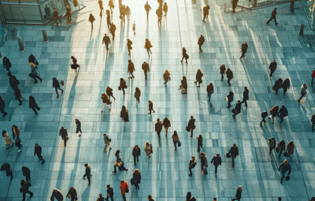 large group of people walking in front of an office building.の素材