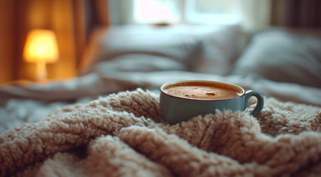 warm coffee cup on the blanket in the bedroom.の素材