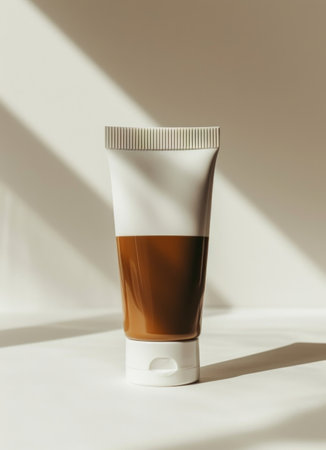 white and brown tube of cream on a white background.の素材