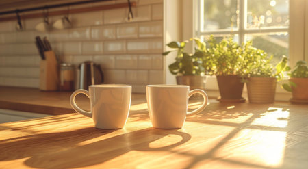 two coffee cups waiting against a wooden counter in the kitchen.の素材