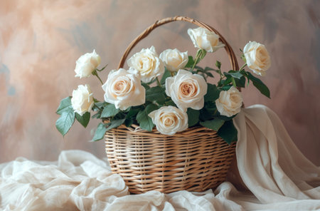 wicker basket with white flowers and roses.の素材