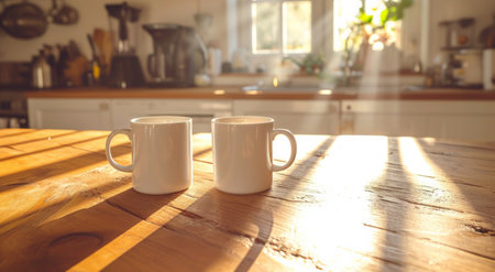 two coffee cups waiting against a wooden counter in the kitchen.の素材