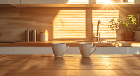 two coffee cups waiting against a wooden counter in the kitchen.の素材