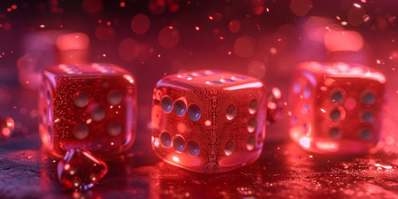 three red dice in red background.の素材