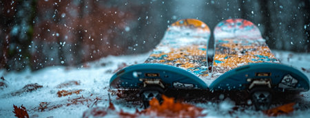 snowboards sitting down in the snow.の素材