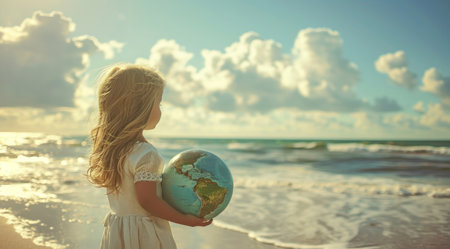 a girl holding a globe in her hand on a beach.の素材