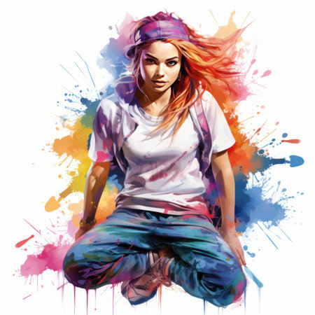 watercolor break dancing girl with colorful spots and splashes on white background.の素材