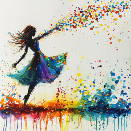 Dancing girl with colorful spots and splashes watercolor illustrationの素材