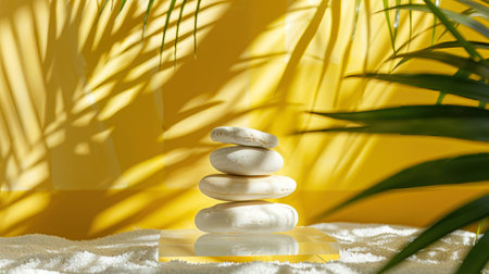 Summer vibes on a sunny yellow backdrop featuring tropical leaf shadows.の素材