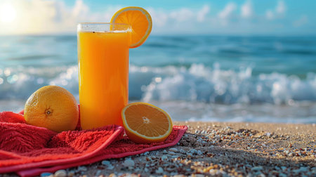 Orange juice and a red towel on a beach background during summer.の素材